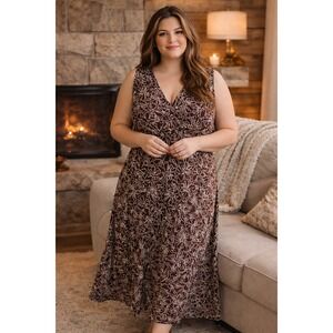 Vintage Y2K 2X $108 Style&Co Sleeveless V-neck Brown White Floral Stretch Dress